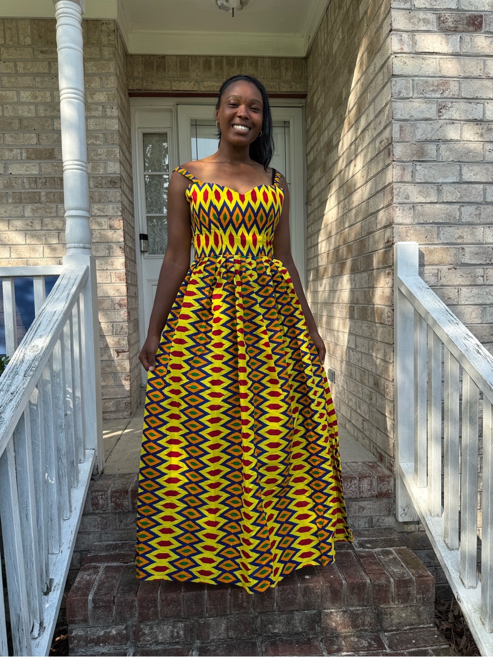 Yellow Geometric Strap African Print Maxi Dress - Women